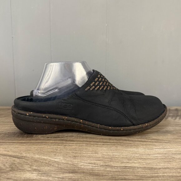 UGG Black Nubuck Leather Clogs w/ Brown Woven Design Sz 9 - Picture 1 of 10